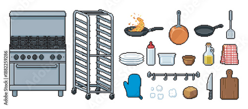 Detailed pixel art collection of professional kitchen equipment featuring a commercial stove, baking rack, frying pans, utensils, and various cooking accessories for a restaurant