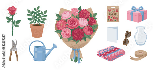 Large collection of illustrated flower shop and gift-giving elements like a bouquet, potted plant, watering can, gift box, vase, and greeting card for celebration concepts
