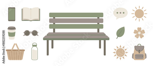 Set of flat design vector icons representing a relaxing day at the park with picnic essentials like a bench, book, coffee, basket, and backpack in a muted, earthy color palette
