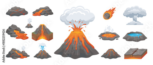 Collection of volcano and geological activity icons showing eruptions with lava and smoke, geysers, tectonic plates, a crater lake, and a fiery meteor in a flat cartoon style
