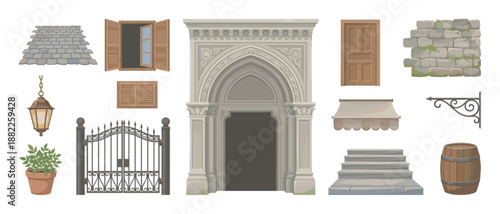 Collection of vintage architectural street elements featuring a stone arch, iron gate, wooden door, window with shutters, lantern, and barrel in a detailed cartoon illustration style