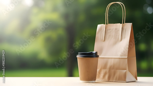 Paper coffee cup and shopping bag on a table with blurred green background image photo