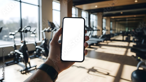 Person holding a smartphone with a white screen in a gym with exercise equipment smartphone, white mockup