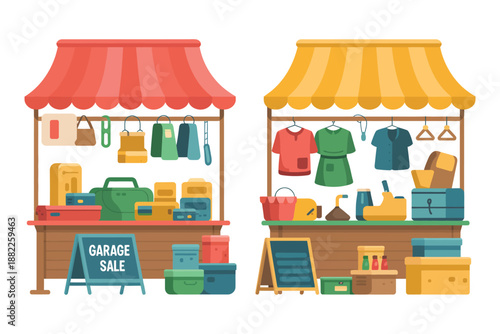 A colorful illustration of two garage sale stands with various items for sale