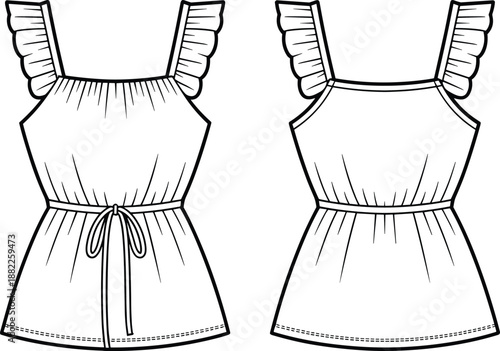 Hand drawn women dress technical sketch showing front and back view, sleeveless summer garment fashion illustration, clothing design outline, apparel flat drawing