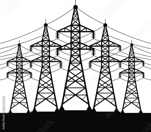 High voltage power transmission towers silhouette illustration showing electricity distribution infrastructure, energy grid network, industrial technology, renewable power concept, utility lines, 