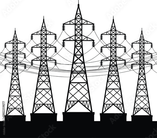 High voltage power transmission towers with overhead electrical lines illustrating energy infrastructure, electricity distribution, industrial technology, grid network,