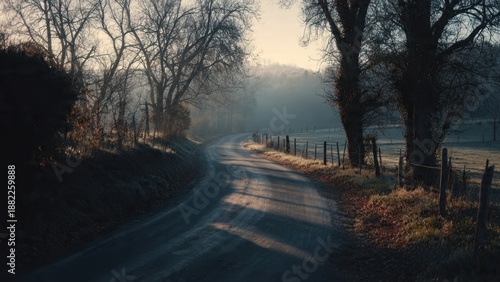 Rural road in foggy morning light