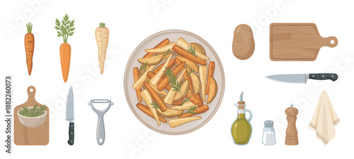 Charming illustrated set of cooking elements for a roasted vegetable recipe, featuring fresh carrots, parsnips, potatoes, rosemary, and various kitchen tools
