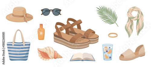 Collection of summer beach accessories including a straw hat, platform sandals, striped bag, and sunglasses for a stylish holiday vacation, illustrated in a flat cartoon style