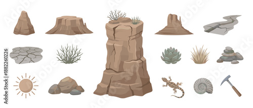 Large collection of desert and geology icons featuring rock formations, a lizard, an ammonite fossil, a succulent, and a geology hammer