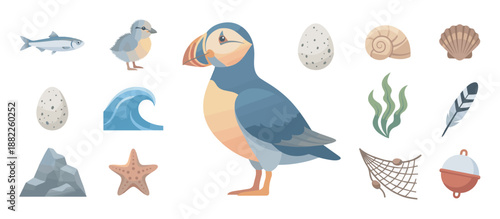 Adorable collection of puffin bird illustrations with a chick, fish, eggs, shells, wave, rock, and other nautical elements presented in a clean, flat cartoon style