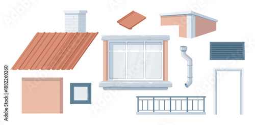 Collection of architectural building construction elements including a roof, chimney, window, door, and balcony railing shown in a flat cartoon vector illustration style for design