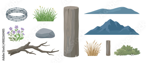 Collection of nature and landscape elements for creating scenes, including mountains, grass, flowers, rocks, wood posts, a branch, a bush, and barbed wire in a flat cartoon style