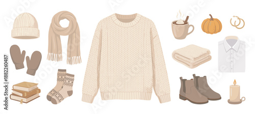 Large set of cozy autumn essentials and warm winter clothing including a knitted sweater, scarf, hat, boots, socks, books, and a hot drink in a flat vector illustration