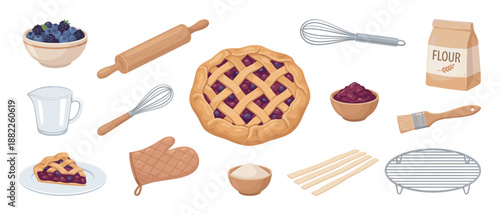 Charming illustrated collection of baking ingredients and tools for making a homemade berry pie, including a lattice crust dessert, fresh berries, flour, a rolling pin, and a whisk