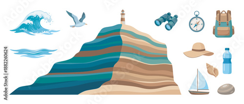 Collection of nautical and travel icons featuring a lighthouse, cliff, wave, seagull, compass, and backpack for a seaside adventure theme, presented in a flat vector style