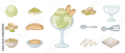 Pistachio ice cream ingredients and dessert set with scoops in a glass bowl, nuts, biscotti cookies, and serving utensils, a collection of sweet food cartoon style illustrations