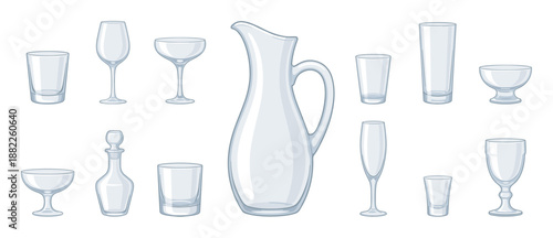 Collection of various empty glass drinkware including a pitcher, decanter, wine glasses, and tumblers in a clean, illustrative cartoon style for beverage and dining concepts