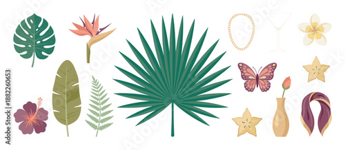Collection of tropical summer vacation elements with palm leaves, exotic flowers, a butterfly, and lifestyle accessories in a feminine, elegant, and modern aesthetic illustration set
