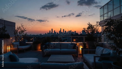 Urban Rooftop Terrace Sunset Skyline