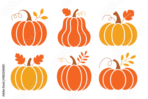 A colorful illustration of six pumpkins and gourds with leaves on a white background, perfect for fall and Thanksgiving themes.