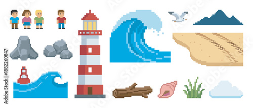 Collection of pixel art beach elements including a striped lighthouse, ocean wave, people, sand, and a seagull in a retro 8-bit video game style