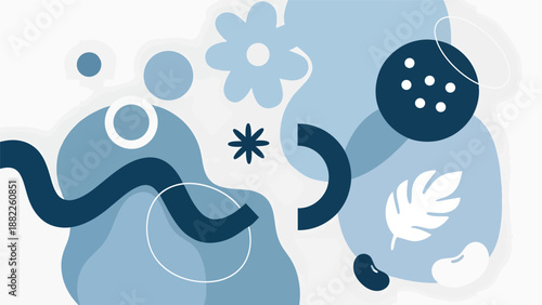 Abstract Organic Shapes and Botanical Elements in Blue Tones