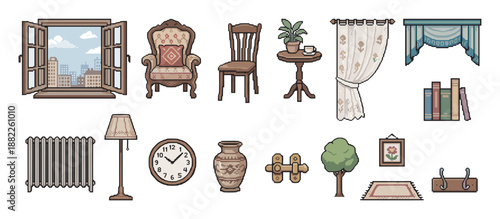 Collection of vintage pixel art furniture and home decor elements featuring a chair, window, lamp, and clock, designed in a charming 8-bit retro video game aesthetic