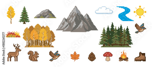 Collection of pixel art nature icons featuring forest animals, trees, mountains, and camping elements in a charming 8-bit retro video game style for adventure or hiking themes