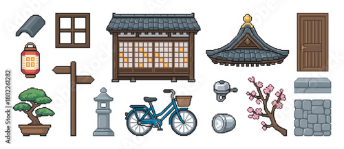 Pixel art set of Japanese cultural items for video game development, including a traditional house, bicycle, bonsai tree, lantern, and architectural elements for creating a scene