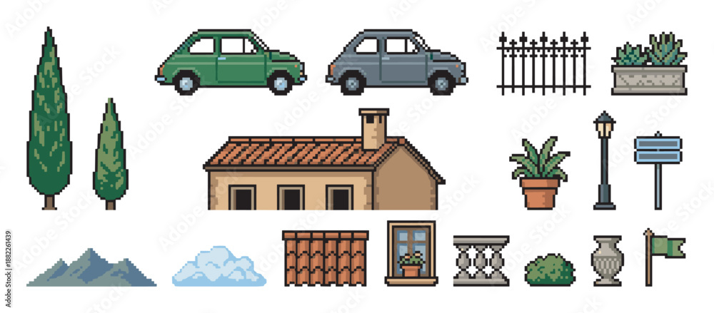Obraz premium Collection of pixel art game assets featuring cars, a house, trees, and architectural elements for creating a vintage European town scene, presented in a classic 8-bit retro style