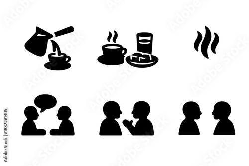 Black silhouette symbols of coffee preparation, hot beverages, and social discussion