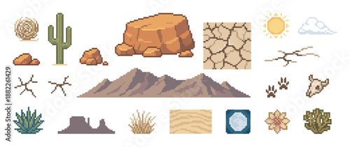Pixel art desert environment asset pack collection with saguaro cactus, rock formations, mountains, animal skull, and various plants for a retro 8-bit video game
