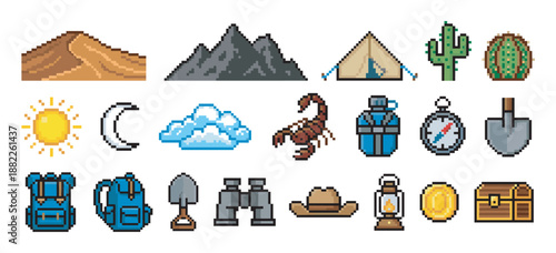 Set of pixel art icons for a desert adventure game, including a tent, cactus, scorpion, compass, backpack, and treasure chest in a retro 8-bit video game style