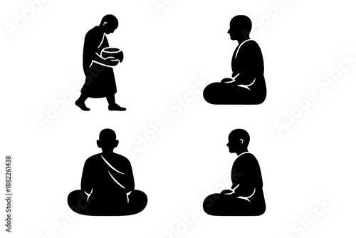 Four silhouettes of Buddhist monks and nuns in walking and seated meditation poses