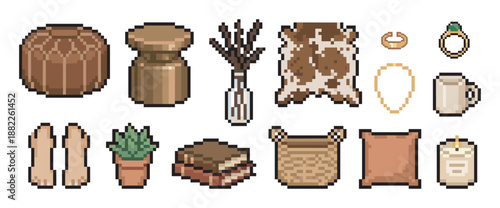 Collection of pixel art home decor icons featuring cozy furniture, plants, and accessories in a bohemian style for a retro video game aesthetic