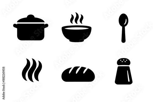 Minimalist silhouettes of kitchen and cooking items including pot, soup bowl, spoon, bread, and salt shaker