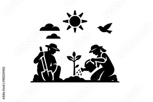 Gardeners planting and nurturing a young seedling with shovel and watering can under sunny skies