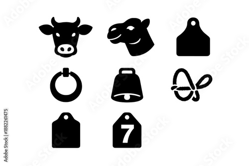 Farm animal identification and management symbols including cow, camel, tags, and bell
