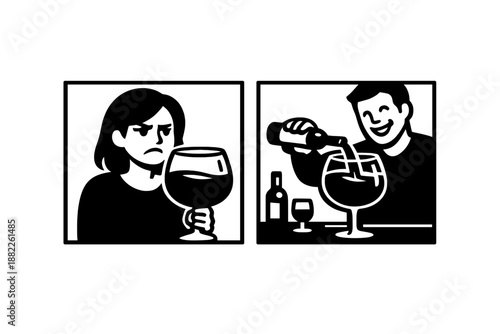 Two panels showing contrasting emotions of disappointment and enjoyment related to wine
