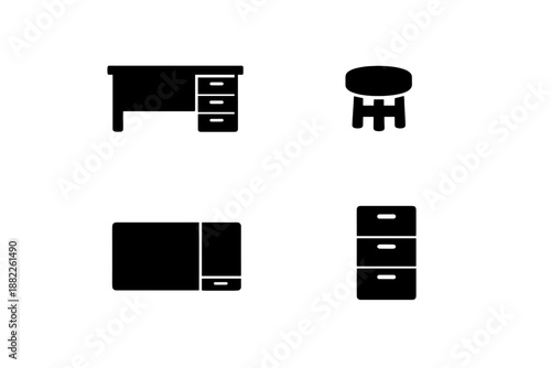 Black glyphs depicting various and home furniture items including desk, cabinet, and stool