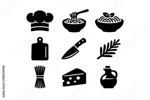 Minimalist black symbols for Italian food ingredients and cooking tools including pasta, cheese, and olive oil