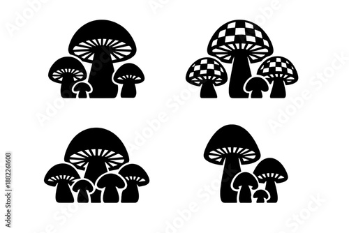 Stylized black mushroom silhouettes with solid and checkered caps on white background