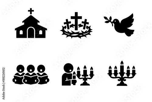 Set of Christian religious symbols including church crosses dove and worship elements