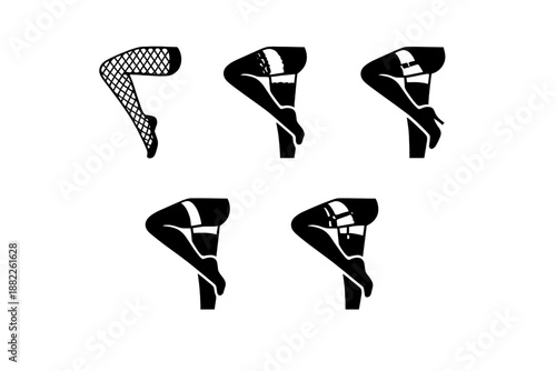Black silhouette icons of women's legs wearing stockings, garters, and lingerie
