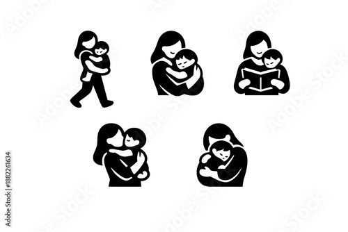 Mother and child bonding activities including care, love, reading, and hugging silhouettes