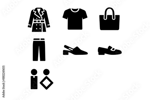 Modern glyph icons set featuring fashion apparel, outerwear, footwear, and accessories
