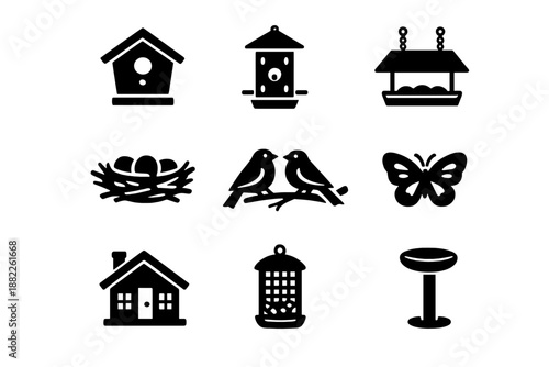 Black silhouette set of bird feeders, birdhouses, nests, birds, and a butterfly