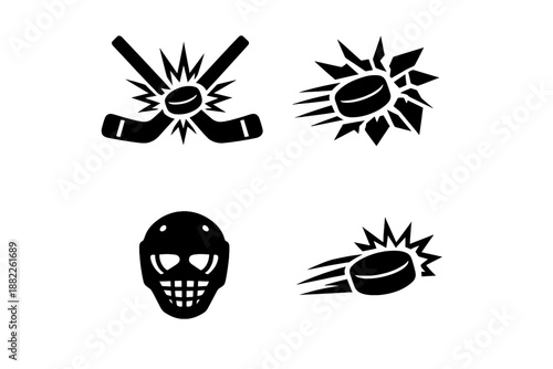 Set of hockey equipment icons featuring goalie mask, crossed sticks, and flying puck